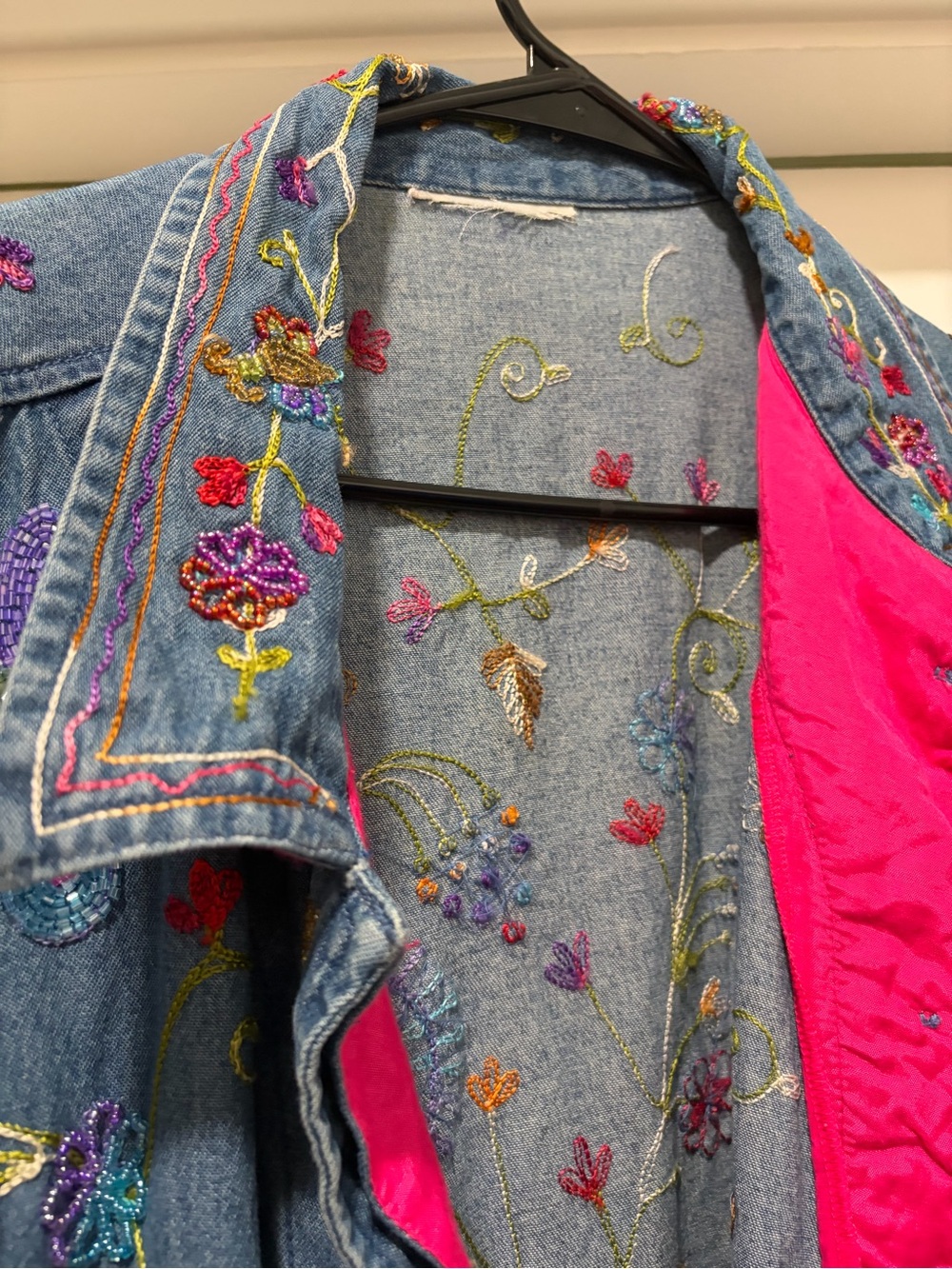 Fun Blue Denim Jacket with Pink Lining & Multicolor Embroidery - Picture 7 of 7